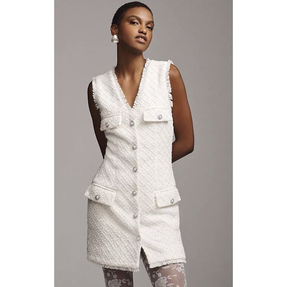 BHLDN Sleeveless Tweed Dress Pearl Embellished Fringed Trim Party‎ Medium